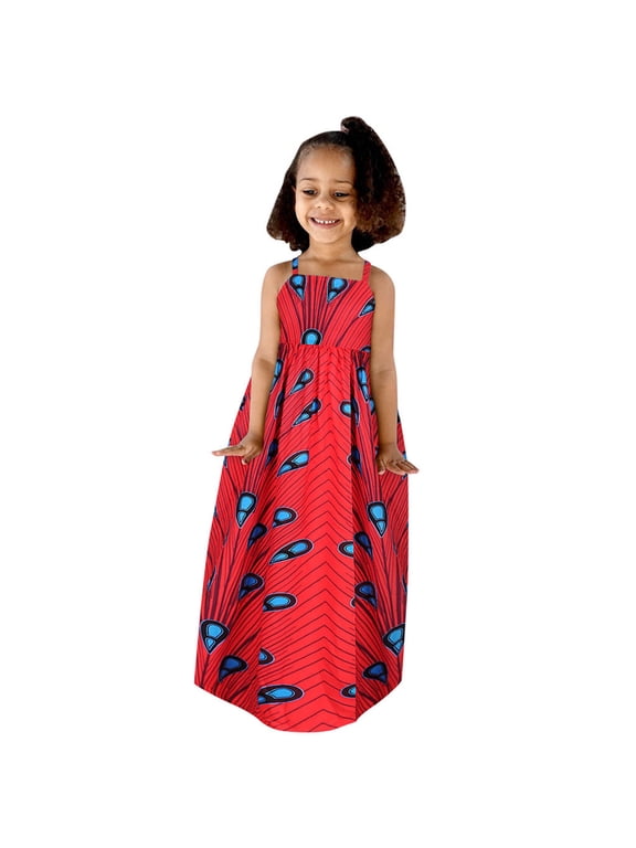 Tutu Dress for Girls Toddler Kids Baby Girls African Dashiki Traditional Style Sleeveless Strap Dress Ankara Princess Backless Dresses Outfits 1-6Y Girls Summer Dress (Red,S)