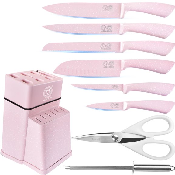 XYJ Knife Block Set, Pink Color, Stainless Steel Kitchen Knives With Knife Block Holder, Meat Cleaver, Professional Cooking Slicing Knife Kit for Master Chef, Kitchen Cutlery Y101