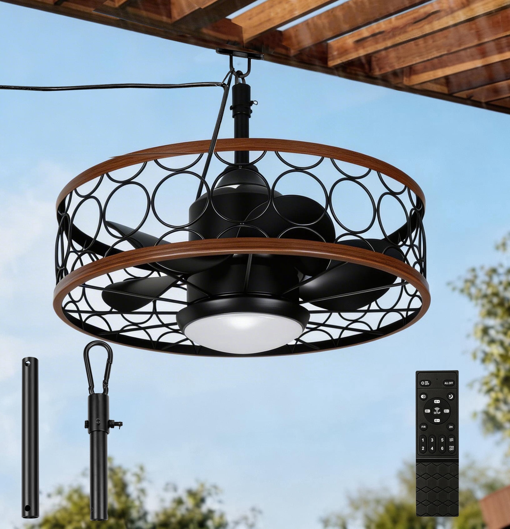 XYJBHB 20" Outdoor Ceiling Fan with Light and Remote Control, Waterproof Plug in Caged Fan with Hook for Patio, Gazebo, 6-Speed Reversible DC Motor, Dimmable 3 Color LED, Wet Rated Exterior Fan.