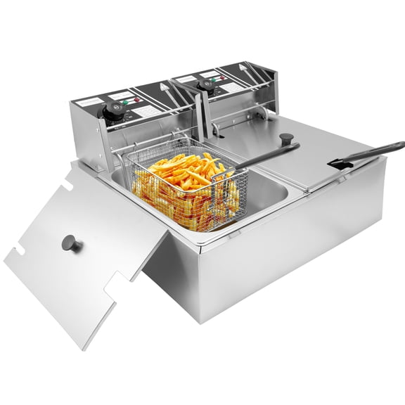 XYJBHB 22.8QT Electric Deep Fryer, Countertop Commercial Stainless Steel Dual Tank Kitchen Fat Fryer Frying Machine w/Baskets Lids for French Fries Donuts, Adjustable Temp, 3400W