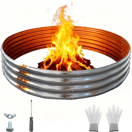 XYJBHB 5FT Diameter Camp Fire Ring Pit, Heavy Duty Galvanized Steel Fire Pit, Outdoor Steel Fire Pit Silver for Backyard, Camping, Bonfire