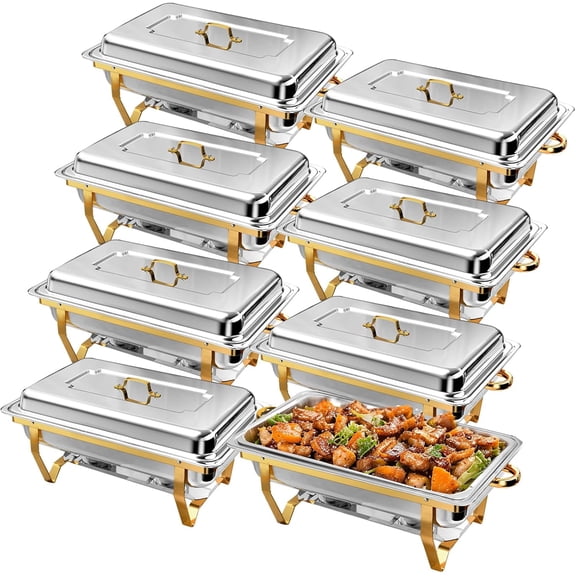 XYJBHB 8QT Chafing Dishes Buffet Sets, 8 Pack Golden Stainless Steel Complete Sets with Full Size Food Pan for Gatherings Banquet, Weddings