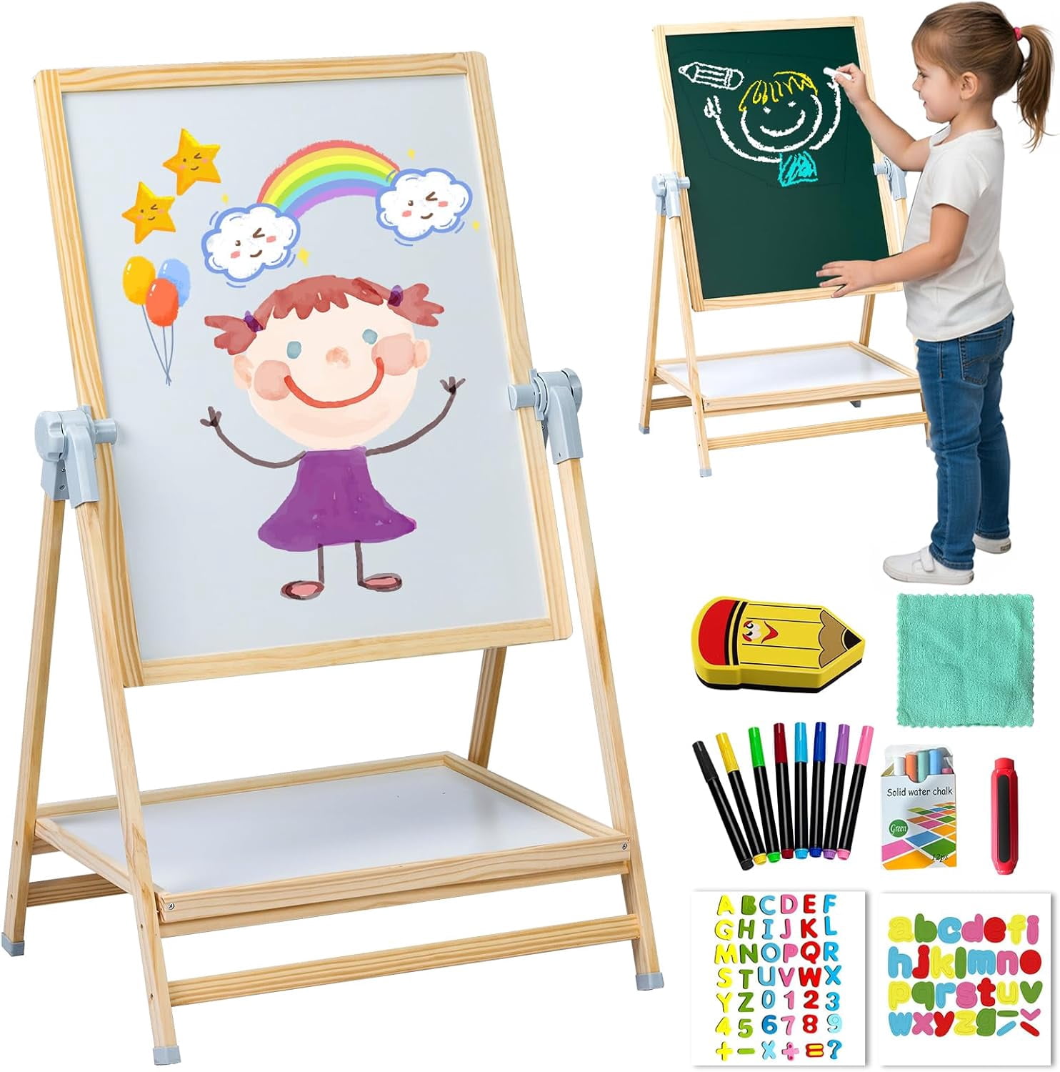 XYJBHB Art Easel for Kids, Double-Sided Kid's Easel with Magnetic Whiteboard & Chalkboard, Adjustable Kids Land Easel, Learning-Toy for 3,4,5,6,7,8 Years Old Boy&Girls