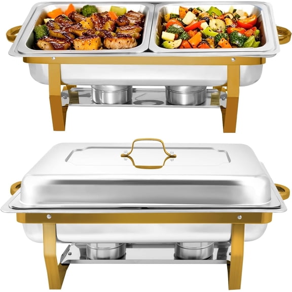 XYJBHB Chafing Dish Buffet Set, 8QT Foldable Buffet Server Food Warmer, Rectangular Stainless Steel Catering Supplies for Party Banquet Catering, Gold, Half Size, 2 Pack
