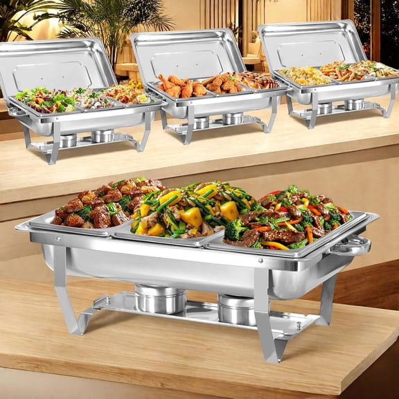 XYJBHB Chafing Dish Buffet Set, 8QT Foldable Buffet Server Food Warmer, Rectangular Stainless Steel Catering Supplies for Party Banquet Catering, Silver, 1/3 Size, 4 Pack