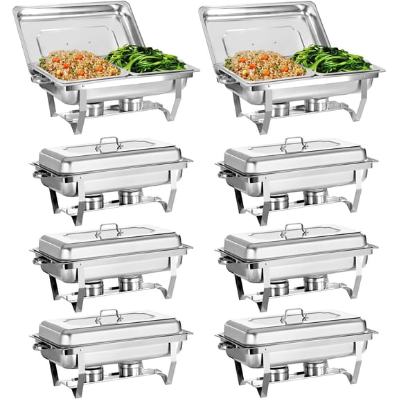 XYJBHB Chafing Dish Buffet Set, 9QT Foldable Buffet Server Food Warmer, Rectangular Stainless Steel Catering Supplies for Party Banquet Catering, Silver, Half Size, 8 Pack