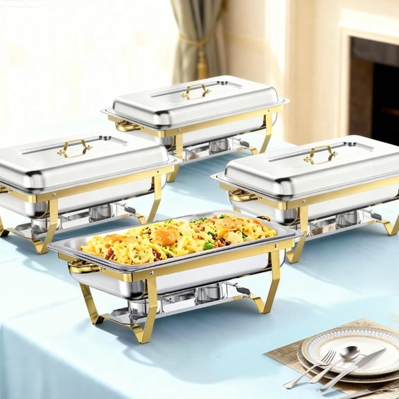 XYJBHB Chafing Dishes for Buffet, 9QT Chafing Dish Buffet Set, Stainless Steel Catering Warmer Server with 4 Full Size Pans for Home Party Wedding Buffets, Gold, 4 Pack