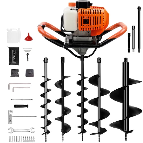 XYJBHB Heavy Duty Gas Powered Post Hole Digger, 62CC 2-Stroke Earth Auger Drill Machine with 4 Auger Bits (4" to 12") and 3 Extension Rods, Professional Grade Garden Tool