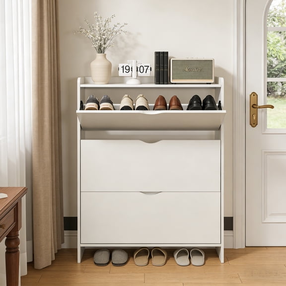 XYJBHB Narrow Shoe Cabinet with Baseboard Notch, 3-Tier Flip Drawer MDF Freestanding Entryway Storage, White Modern Minimalist for Small Space Hallway Foyer