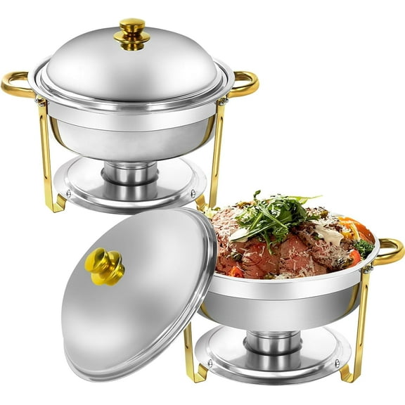XYJBHB Round Chafing Dish Buffet Set, 6QT Buffet Server Food Warmer, Polished Stainless Steel Catering Supplies for Party Banquet Catering, Gold, 2 Pack