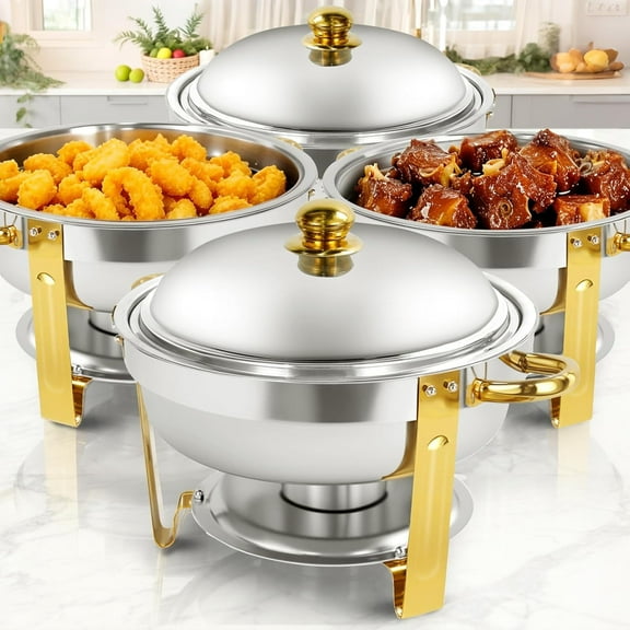 XYJBHB Round Chafing Dish Buffet Set, 6QT Buffet Server Food Warmer, Polished Stainless Steel Catering Supplies for Party Banquet Catering, Gold, 4 Pack