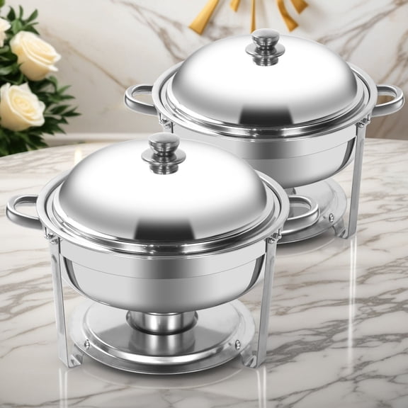 XYJBHB Round Chafing Dish Buffet Set, 6QT Buffet Server Food Warmer, Polished Stainless Steel Catering Supplies for Party Banquet Catering, Silver, 2 Pack