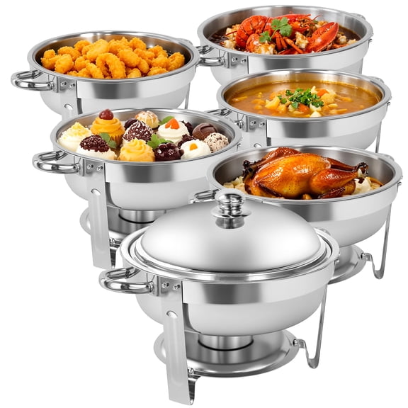 XYJBHB Round Chafing Dish Buffet Set, 6QT Buffet Server Food Warmer, Polished Stainless Steel Catering Supplies for Party Banquet Catering, Silver, 6 Pack