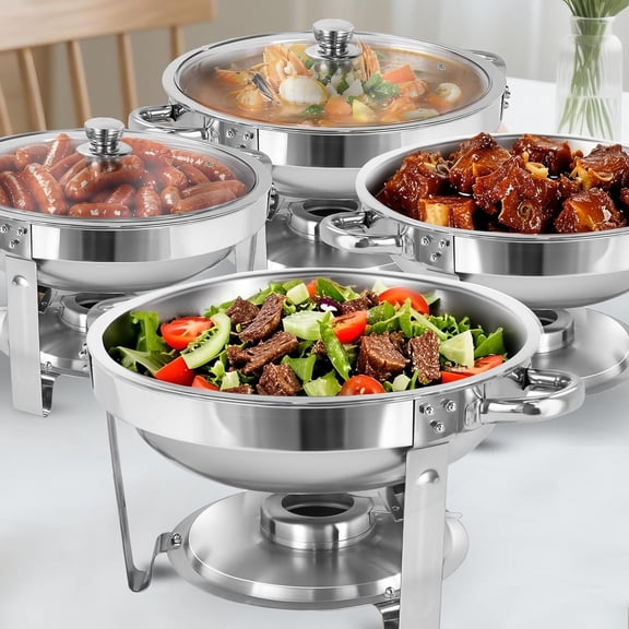 XYJBHB Round Chafing Dish Buffet Set with Glass Lid, 5QT Visable Buffet Server Food Warmer, Polished Stainless Steel Catering Supplies for Party Banquet Catering, Silver, 4 Pack
