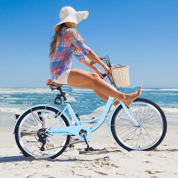 XYJBHB Women's Beach Cruiser Bike 24", 7-Speed Rattan Basket Step-Through Frame Adjustable Seat Comfort Tires Lightweight Easy Assembly for Smooth Rides