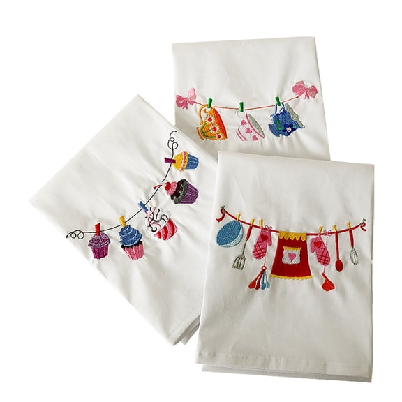 XYKA Clearance Embroidered Tea Towel Set 3 Packs Embroidered Dish Towels Flour Sack Towels with Cute Kitchen-Themed Machine Embroidery Perfect for Adding and Fun to Your Dining Table Soft