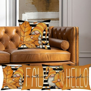XYKA Set of 4 Decorative Fall Throw Pillow with Stripes Pumpkins Maple Leaves and Gnomes Perfect for Outdoor Fall Decor Farmhouse Thanksgiving Decorations and Comfortable Wrinkle Machine Washable
