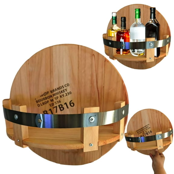 XYKA Vintage Wooden Wall Mounted Barrel Shelf for Kitchen Storage Wine Rack Display Holds 7 Bottles Liquor Barware with Polyurethane Finish Rustic Design Ready to Mount with Sturdy Bracket System