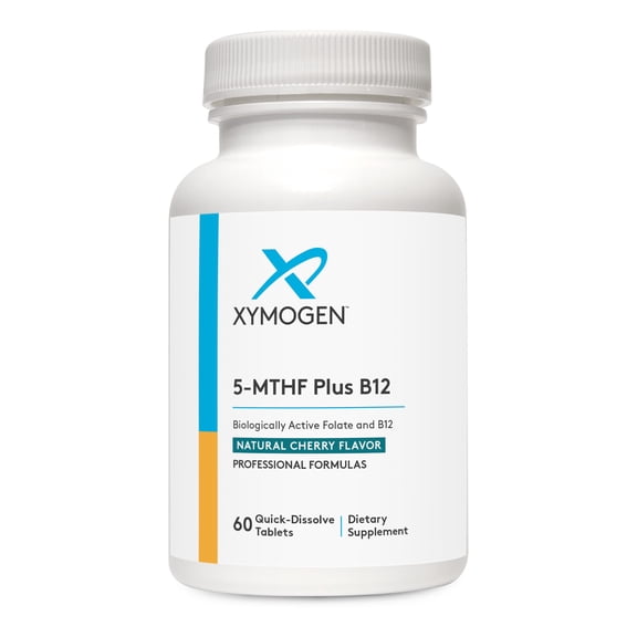 XYMOGEN 5-MTHF Plus B12 - Biologically Active Folate & Methyl B12 Supplement - For Methylation & Nervous System Support* - Gluten-Free - Cherry Flavor - 60 Quick-Dissolve Tablets