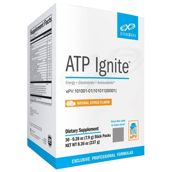 XYMOGEN ATP Ignite Revitalizing Energy Drink Powder - Supports Electrolyte Replacement + ATP Biosynthesis with Antioxidants, Aminos, Vitamins, Electrolytes + 95mg Caffeine (30 Citrus Stick Packs)