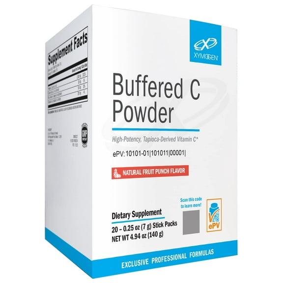 XYMOGEN Buffered C Powder - 3,000mg High-Potency Vitamin C Powder Buffered with Minerals - Antioxidant + Immune Support Drink Mix - Tapioca-Derived, Fruit Punch Flavor (20 Stick Packs)