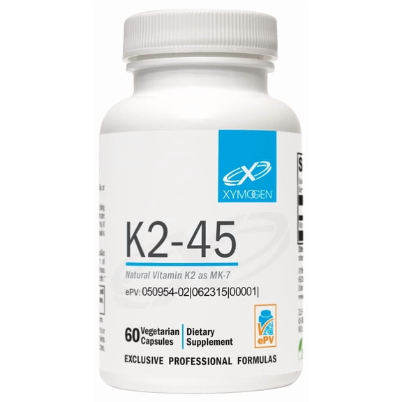 XYMOGEN K2-45 - Vitamin K2 Supplement - Bone and Cardiovascular Support - MK-7 Natto-Derived Formula - Vegetarian Gluten-Free Non-GMO - 60 Capsules