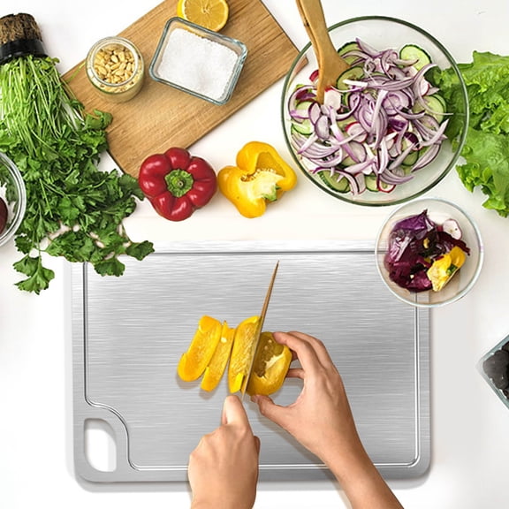 XYRSRUW 316 Stainless Steel Chopping Board, Durable Double-Sided Cutting Board with Grooves, Versatile Non-Stick Kitchen Board, Seamless Stainless Steel Food Preparation Surface(S)