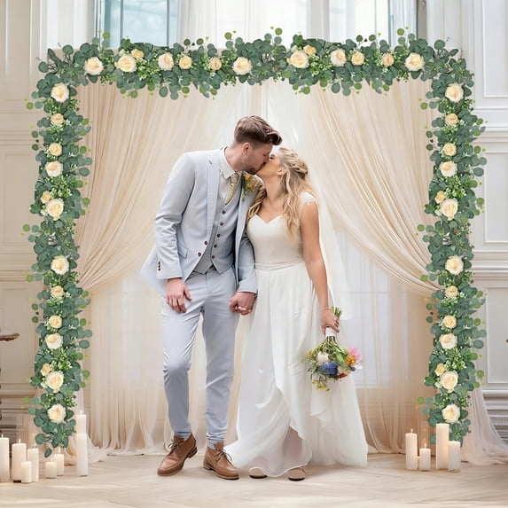 XYRSRUW 6FT Floral Garland, Silk Flower Decoration with White Roses, Artificial Flower String for Wedding Centerpiece, Faux Flower Vine for Party and Home Decor