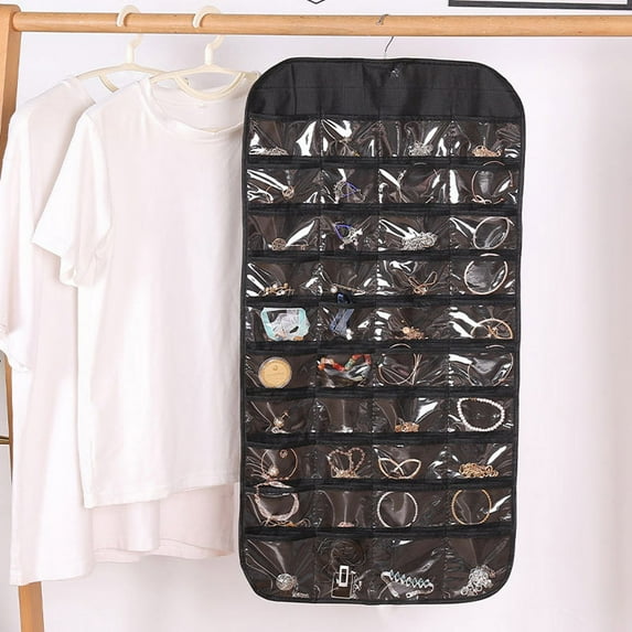 XYRSRUW 80 Pocket Jewelry Hanging Organizer, Non-Woven Jewelry Storage Bag, Transparent Grids Accessory Organizer, Curved Print Jewelry Display Solution, Beige and White