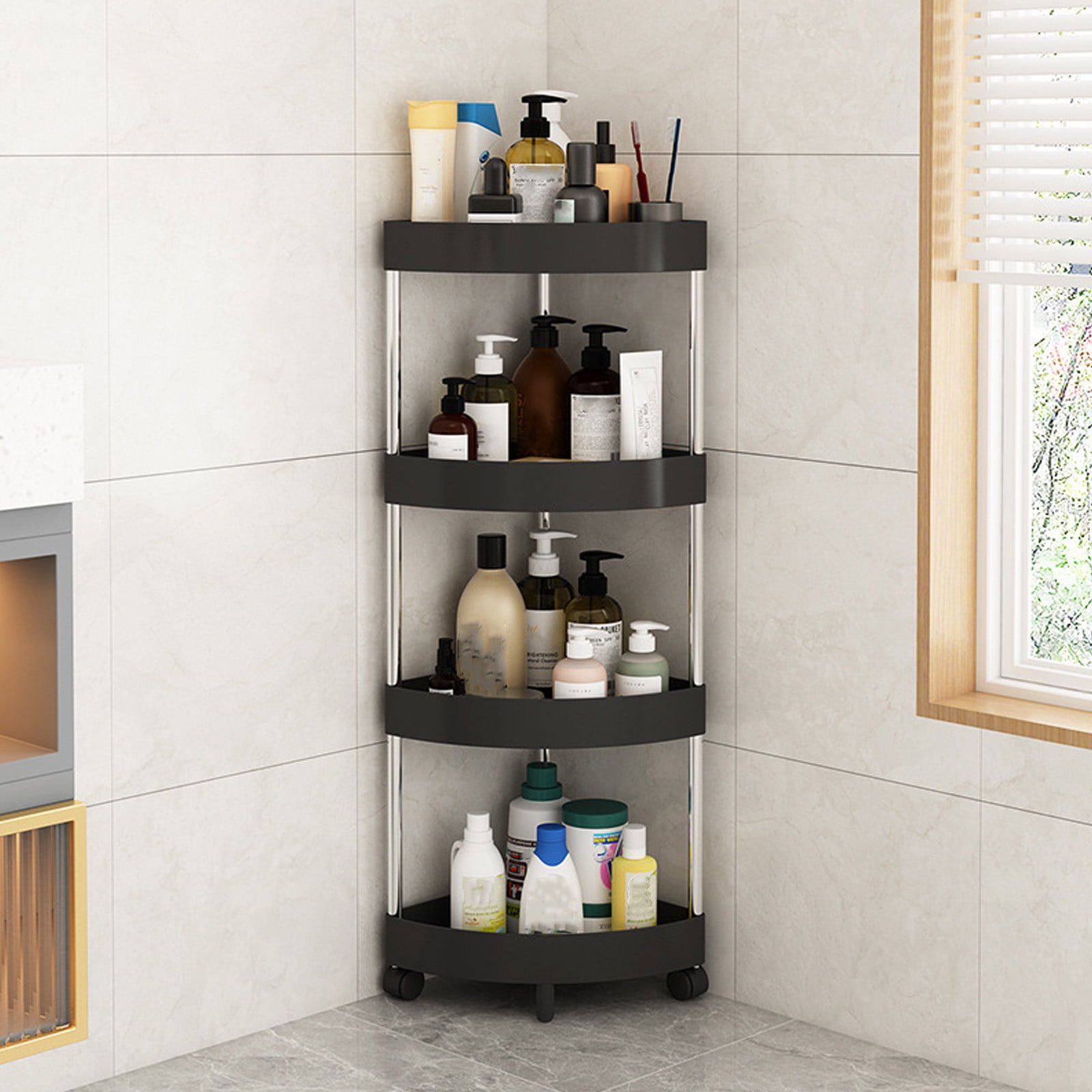 XYRSRUW Bathroom Corner Shelf Organizer, 4-Tier Rolling Storage Rack ...