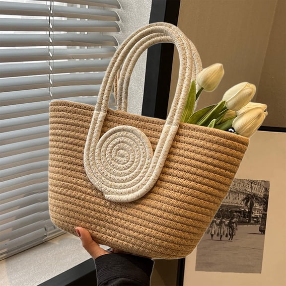 XYRSRUW Cotton Rope Woven Handbag, Large Capacity Tote Bag, Versatile Shoulder Bag with Splicing Colors, Casual Beach Bag