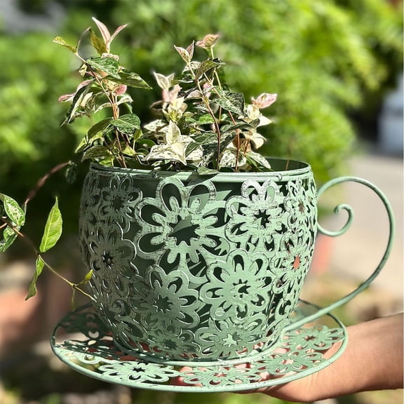 XYRSRUW Flower Pot, Decorative Iron Flower Pot with Hollowed-out Design, Nested Planter for Garden Decoration, Outdoor Coffee Cup Shaped Planter(Green)