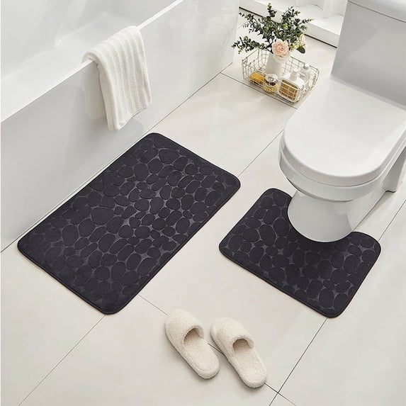 XYRSRUW Foam Bath Mat Set, Soft Absorbent Non-Slip Rug, Comfortable Bathroom Accessory, Perfect for Shower or Bath, Includes 16x20in Toilet Seat Cushion and 20x32in Bath Rug(Black)