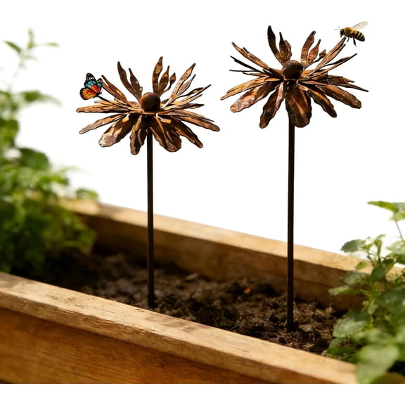 XYRSRUW Garden Stakes, Vintage Metal Garden Decor with Exquisite Flower Design, Weatherproof Outdoor Decoration for Planters and Flower Beds, Rusty Garden Accents for Nature Lovers