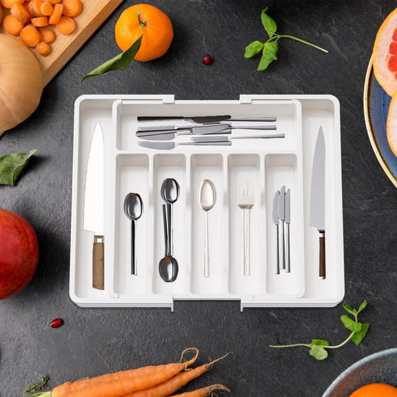 XYRSRUW Tableware Organizer, Retractable and Expandable Kitchen Utensil Storage Box, Adjustable Cutlery Holder for Home Use, Versatile Kitchenware Management Solution(White)