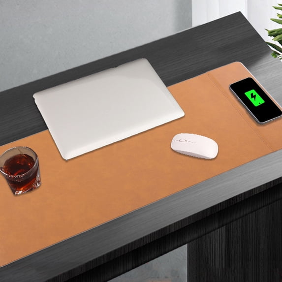 XYRSRUW Wireless Charging Mouse Pad, 15W Fast Charging Desk Mat with Phone Stand, Multifunctional Office Mouse Pad with Synthetic Leather Finish, Foldable Computer Mat for Office and Home