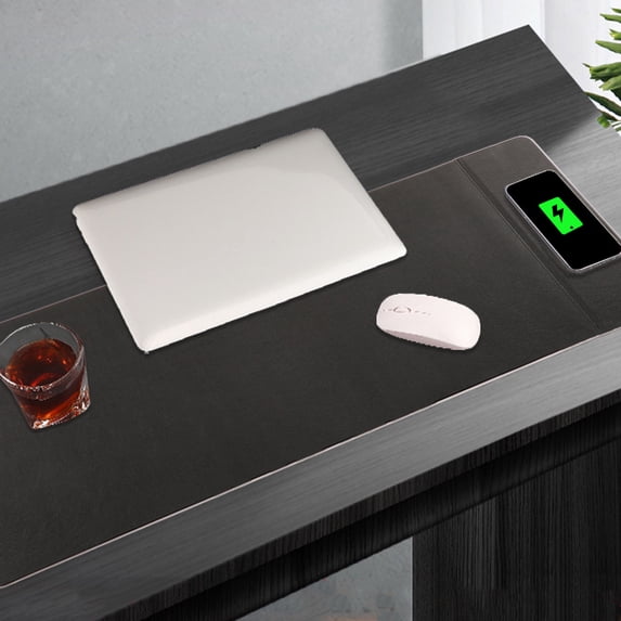 XYRSRUW Wireless Charging Mouse Pad, 15W Fast Charging Desk Mat with Phone Stand, Multifunctional Office Mouse Pad with Synthetic Leather Finish, Foldable Computer Mat for Office and Home