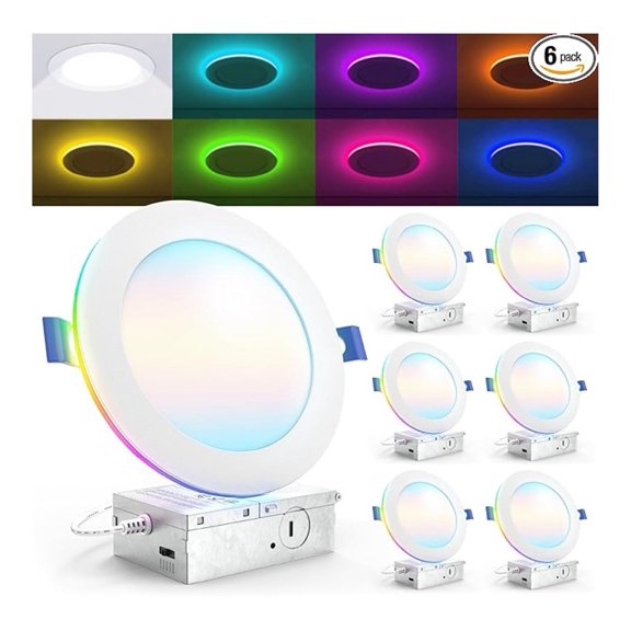 XYT 6 Pack 6 Inch Smart Ultra Thin LED Recessed Ceiling Lights with Night Light, Tunable CCT 2700K to 6000K, Dimmable, 15W, Smooth Trim, Canless with Junction Box