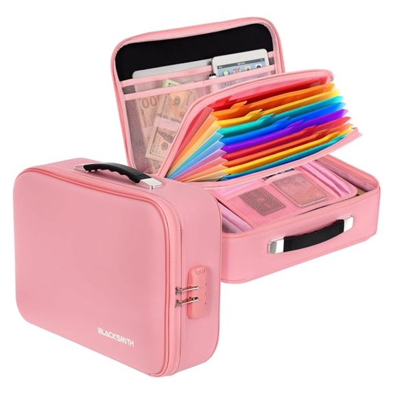 XYT Fireproof Document Box, 4200F Heat Resistant & Waterproof Hard Case 13 Layers File Organizer with Lock, Portable Safe for Important Documents, Certificates, Travel Use Pink
