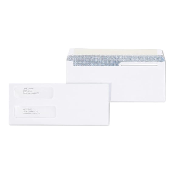 XYT Laser Check DoubleWindow SecurityTinted Business Envelopes, White Wove, Gummed Closure, 3 5/8" x 8 7/8", 1000/Carton