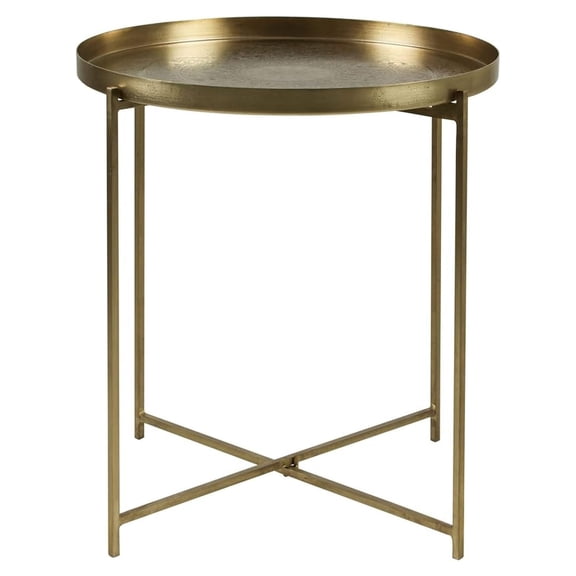 XYT Tray Top Round Side Table, Decorative End Table with Antique Brass Finish, Intricate Hand Carving, Strong Iron Legs - 20" X 21.7"