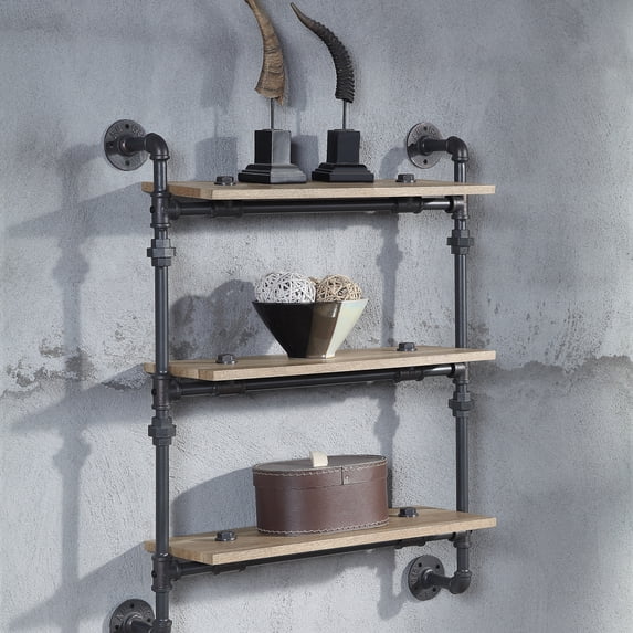 XYTRES Brantley Wall Rack w/5 Shelves in Oak & Sandy Black Finish AC00738