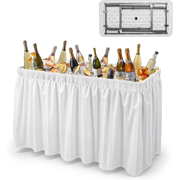 XYTREW 4 Foot Folding Party Ice Cooler, Portable Tailgate Camp Fishing Cleaning Table, Plastic with Matching Skirt, Ice Table for Party, BBQ, Camping, Picnic-White