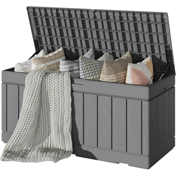 XYTREW 80 Gallon Deck Box, Waterproof Resin Outdoor Storage Box for Outside and Patio, Outdoor Storage Bench Lockable for Patio Furniture, Garden Tools and Pool Supplies (Grey, 80 Gallon)