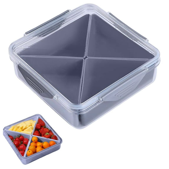 XYWWY Square Gray Storage Organizer Box, Plastic Snack Storage Container, Portable Snack Tray, Divided Snack and Dried Fruit Storage Box, Removable Dividers, Four Compartments