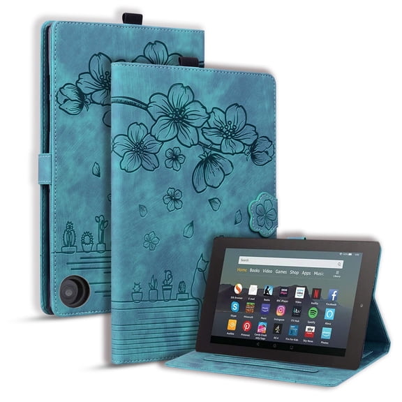XYX Case for Kindle Fire HD 10 & 10 Plus Tablet(13th/11th,2023/2021 Release), Cherry Blossom Cat PU Leather Folio Stand Magnetic Shockproof Protective Cover (Green)