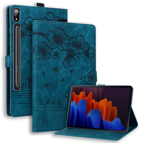 XYX Case for Samsung Galaxy Tab S8 Ultra 14.6 inch 2022 Release SM-X900, Cherry Blossom Cat PU Leather Folio Stand Magnetic Shockproof Protective Cover (Blue)