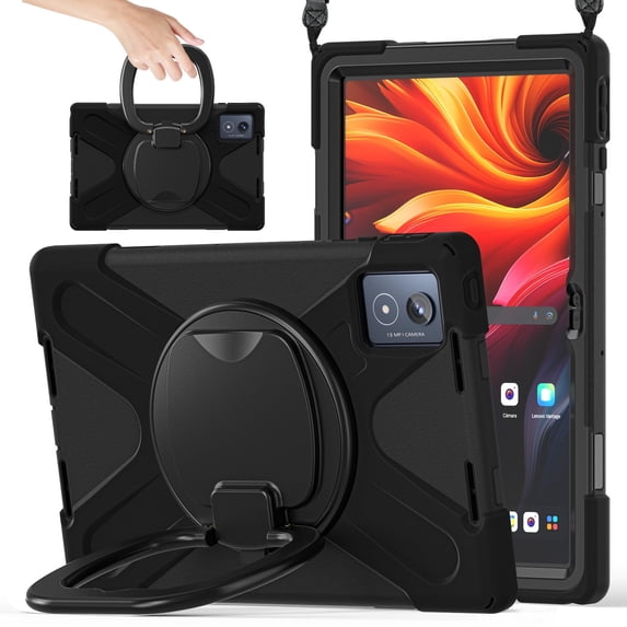 Case for Lenovo Tab K11 Plus 11.45 inch 2024 Released, 360 Degree Rotating Hand Grip Shockproof Cover with Shoulder Strap, Black