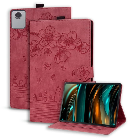 XYX Case for Lenovo Tab M11 11 inch 2024 TB330FU, Cherry Blossom Cat PU Leather Folio Stand Magnetic Shockproof Protective Cover (Red)