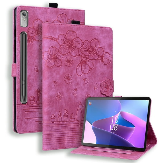 XYX Case for Lenovo Tab P12 12.7 inch 2023 TB370FU, Cherry Blossom Cat PU Leather Folio Stand Magnetic Shockproof Protective Cover (Rose)